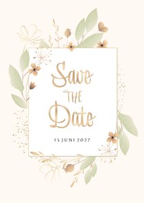 Save the date stijlvol botanisch zacht groen oker goudlook