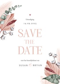 Save the date trouwkaart droogbloemen stijlvol klassiek foto