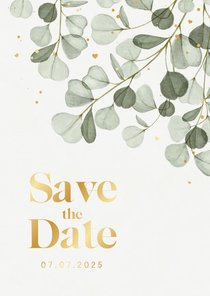 Save the date trouwkaart eucalyptus goud hartjes spetters