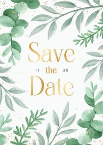 Save the date trouwkaart eucalyptus takjes botanisch goud 