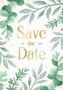 Save the date trouwkaart eucalyptus takjes botanisch goud