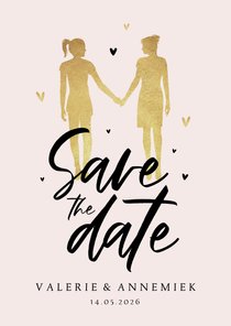 Save the date trouwkaart goud hartjes LGBTQ silhouetjes