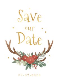 Save the date trouwkaart hertengewei bloemen hartjes goud