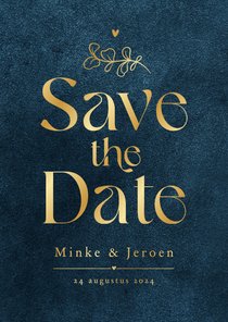 Save the date trouwkaart velvet blauw goud sierlijk