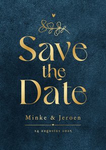 Save the date trouwkaart velvet blauw goud sierlijk