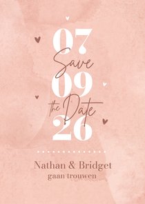 Save the Date trouwkaart waterverf roze hartjes hip stijlvol