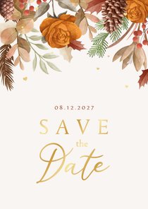 Save the date trouwkaart winter herfst bladeren goud