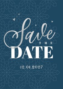 Save the date trouwkaart winter sneeuwvlokken patroon zilver