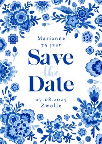 Save the date uitnodiging delfts blauw bloemen feestje