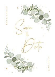 Save the date uitnodigingskaart eucalyptus goud hartjes