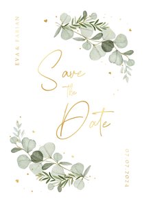 Save the date uitnodigingskaart eucalyptus goud hartjes