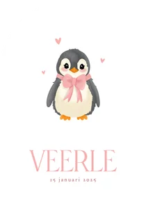 Schattig geboortekaartje meisje met pinguin boogvorm