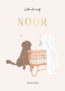 Schattig geboortekaartje met wiegje en hond goudfolie