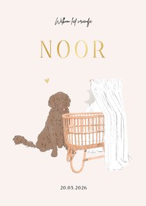 Schattig geboortekaartje met wiegje en hond goudfolie
