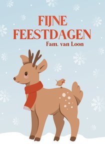 Schattig kerstkaartje met hertje en vogel lichtblauw