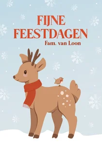 Schattig kerstkaartje met hertje en vogel lichtblauw