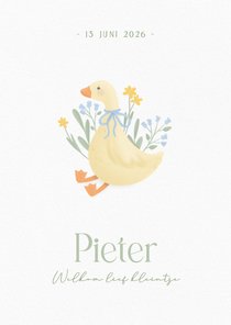 Schattig wit geboortekaartje jongentje met gansje en bloemen