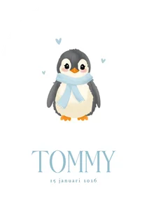 Schattig wit geboortekaartje met pinguin boogvorm