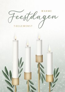 Sfeervolle groene kerstkaart met 4 kaarsen en olijftakjes