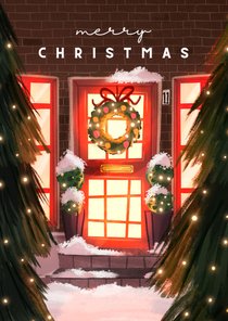 Sfeervolle kerstkaart voorgevel kerst huisje