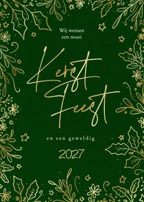 Sierlijke kerstkaart met botanische rand in goud