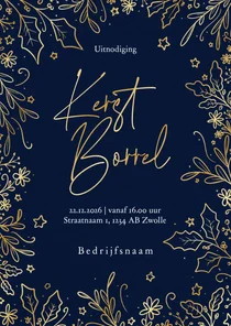 Sierlijke uitnodiging bedrijfs kerstborrel met gouden takjes