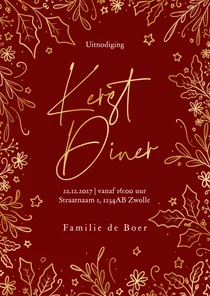 Sierlijke uitnodiging kerstdiner met gouden takjes rood