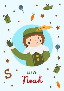 Sinterklaaskaart jongen en illustratie van zwaaiende piet