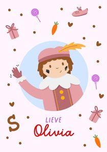 Sinterklaaskaart meisje en illustratie zwaaiende piet