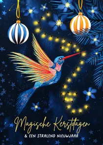 Sprankelende kerstkaart met kolibri en lichtjes
