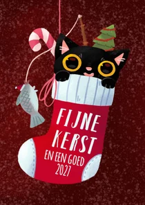 Staand kerstkaartje met een zwarte kat in sok.
