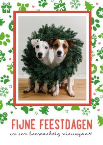 Staande kerstkaart met grote eigen foto en kerstpatroon