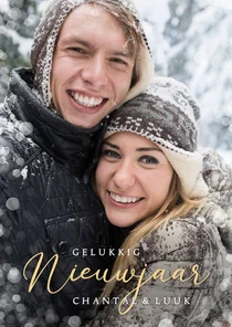 Staande nieuwjaarskaart met eigen foto en sneeuwkader