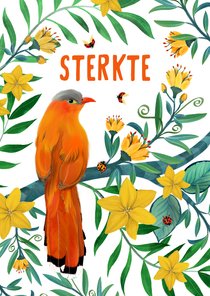 Sterkte kaart met oranje vogel op tak