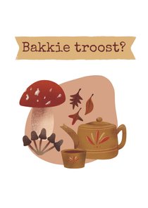 Sterkte kaartje met kop thee paddestoelen en herfstblaadjes