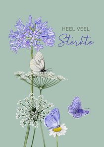 Sterktekaart agapanthus en wilde bloemen met vlinders