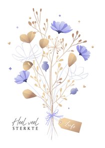 Sterktekaart boeket wilde heidebloemen lila-oker met lint