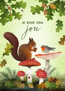 Sterktekaart met dieren en paddestoelen in het bos