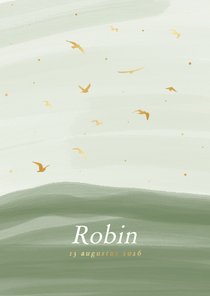 Stijlvol groen geboortekaartje waterverf en vogels goudfolie