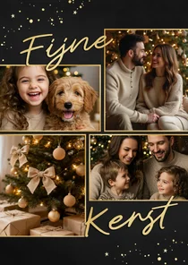 Stijlvol kerstkaartje fijne kerst collage vier foto's goud