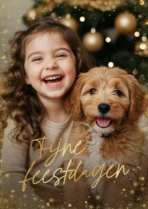 Stijlvol kerstkaartje grote foto en fijne feestdagen goud