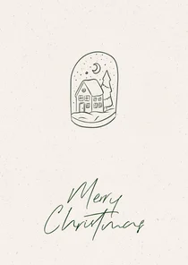 Stijlvol kerstkaartje met illustratie van huisje in stolp