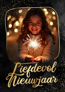 Stijlvol nieuwjaarskaartje met foto liefdevol nieuwjaar goud