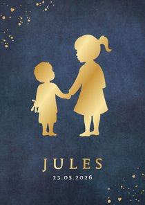 Stijlvol staand geboortekaartje silhouet zus met broertje