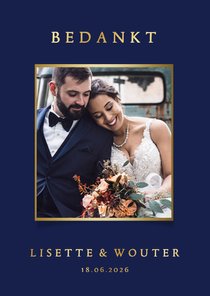 Stijlvolle blauwe bedankkaart trouwen met eigen foto en goud