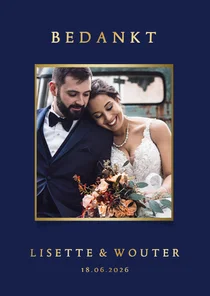 Stijlvolle blauwe bedankkaart trouwen met eigen foto en goud