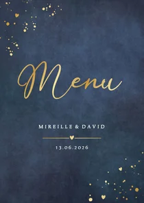 Stijlvolle blauwe menu en drankkaart voor jullie huwelijk