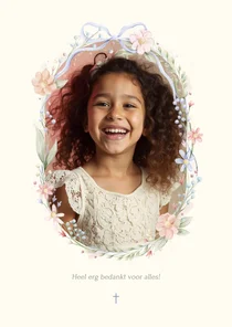 Stijlvolle communie bedankaartje strik met foto en bloemen