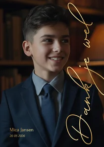 Stijlvolle communie bedankkaart met grote foto en foliedruk