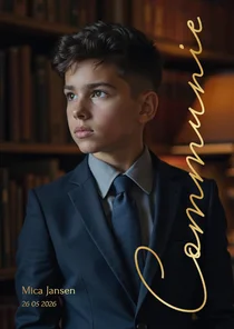 Stijlvolle communie uitnodiging met grote foto en foliedruk